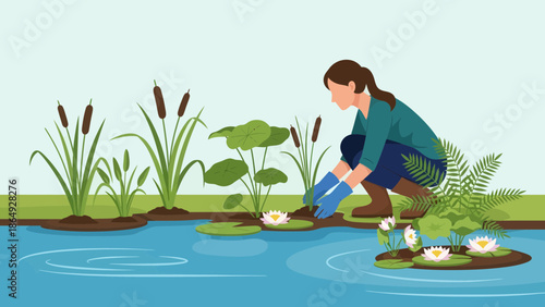 Woman Taking Care Of Water Plants In a Pond Or Lake In Flat Design Style
