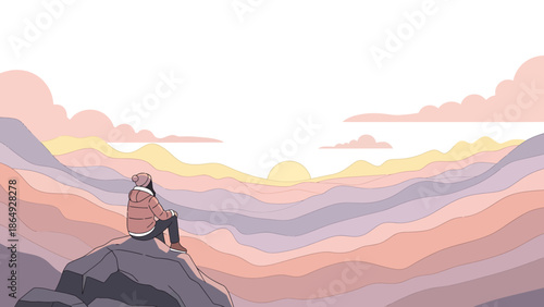 Woman On Rock Enjoying Pastel Colored Mountain Vista Landscape Illustration