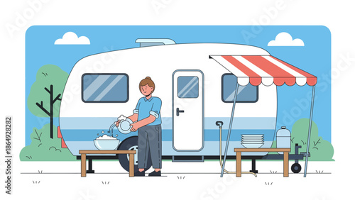 Woman On Vacation Washing Dishes Outside Of A Camper Van With Awning