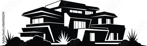 Sleek contemporary multi-story luxury villa with modern architectural features and garden landscaping black and white illustration.