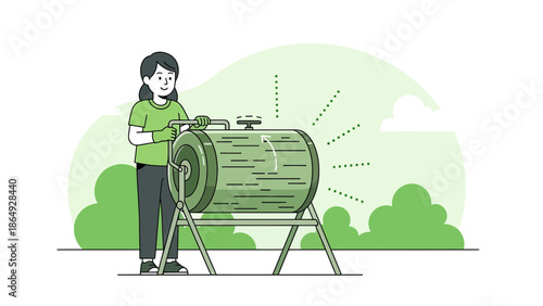 Woman Turning A Compost Tumbler In Her Garden With Composting Equipment