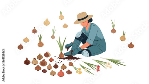 Woman Planting Onion Bulbs During the Autumn Season in Garden Landscape