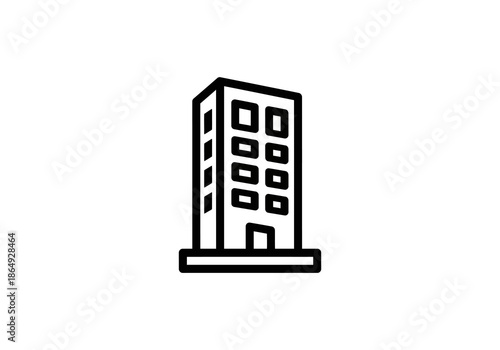 Vector illustration of a building Minimalist black outline icon of a tall office building, featuring multiple rectangular windows and a ground-level entrance.