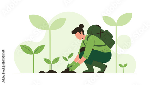 Woman Planting Seedlings Greenery Promoting Sustainability Conservationist Outdoor Activities