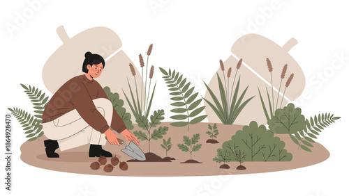 Woman Planting Tree Saplings in Backyard with Decorative Acorn Silhouettes