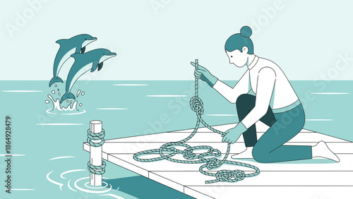 Woman Tying Nautical Knot On Dock While Dolphins Jump In Ocean Illustration