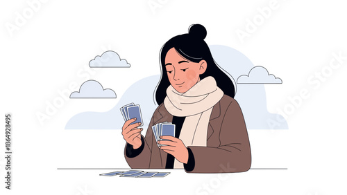 Woman Playing Card Game Alone Indoor During The Winter Time Season