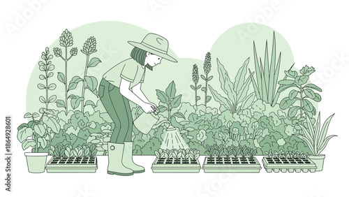 Woman Water Plants In Garden Cultivating Young Shoots In Seed Trays