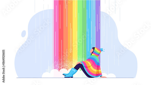 Woman Wearing Colorful Poncho Sitting Under Rainbow During Rainy Weather