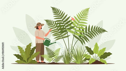 Woman Watering Ferns In An Indoor Garden With Greenery And A Neutral Background