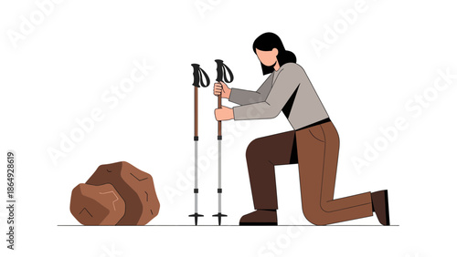 Woman Prepares For Hike With Trekking Poles And A Rock In Minimalistic Style