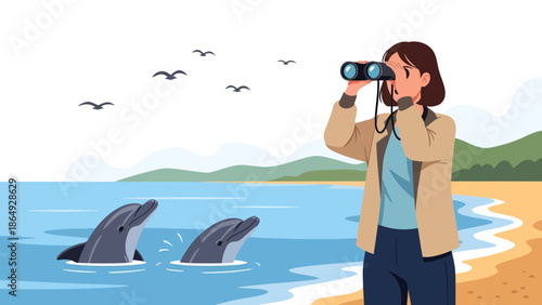 Woman Watching Dolphins Through Binoculars On A Beach Landscape View
