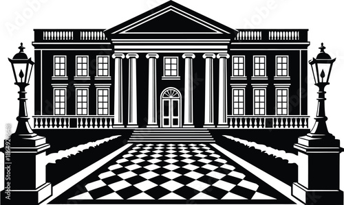Neoclassical luxury mansion building with columns and checkered courtyard path illustration in black and white vector style.