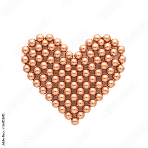 Heart Shape Formed by Rose Gold Spheres on White Background.