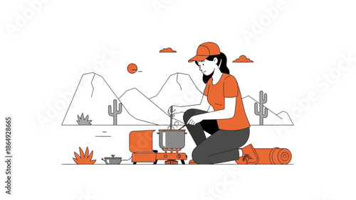 Woman Prepares Meal On Portable Stove While Enjoying Outdoor Wilderness Adventure