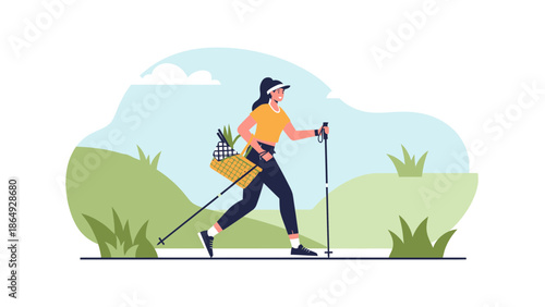 Woman With Basket Doing Nordic Walking In Nature On A Sunny Day