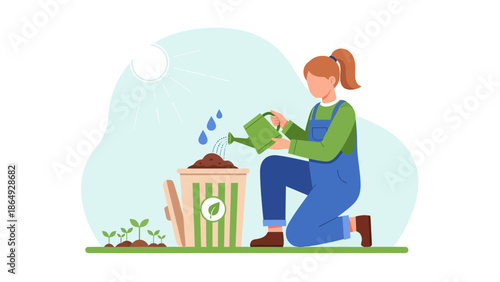 Woman Watering Compost Bin For Plant Growth And Environmental Sustainability