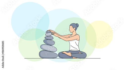 Woman Practicing Yoga Asana In Balance With Stacked Zen Stones Illustration