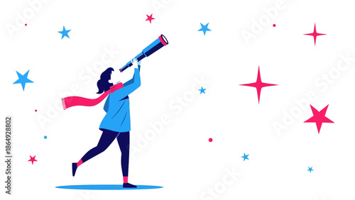 Woman With Telescope Exploring New Horizons And Opportunities In The Future