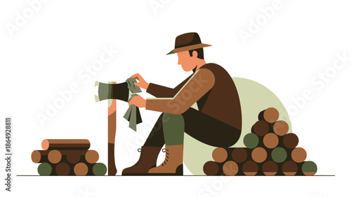 Woodcutter Resting After Chopping Wood And Taking Care Of His Axe