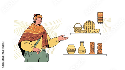 Woman Presenting A Collection Of Ethnic Crafts In A Cozy Shop Setting