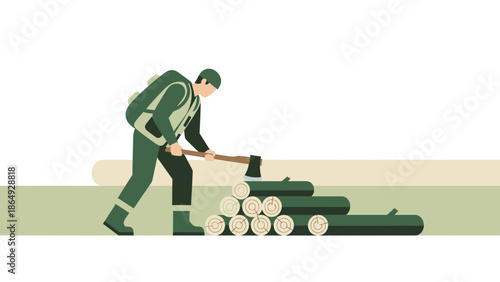 Woodcutter Chopping Wood In Forest Minimalist Illustration With A Backpack