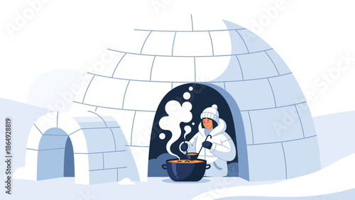Woman Preparing Warm Drink Inside Igloo During Winter Season