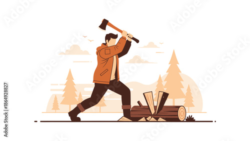 Woodsman Chopping Log For Firewood In Forest Scene Vector Illustration