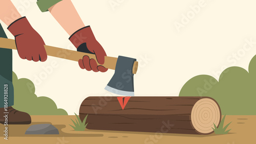 Woodsman Chopping Log With Axe In Forest Simple Flat Cartoon Illustration