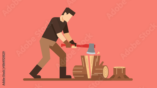 Woodsman Chopping Log With Ax In Forest For Wood Vector Illustration
