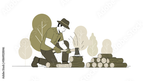 Woodsman Lumberjack Cutting Wood Logs in Minimalist Style Outdoors Illustration