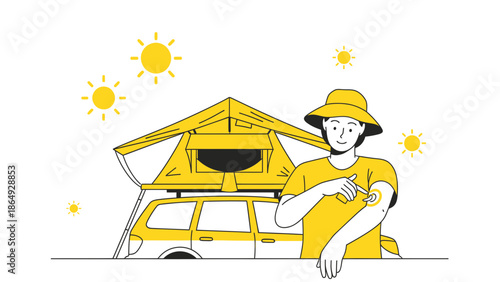 Woman Protecting Herself With Sunscreen Before Camping In Nature Yellow Theme
