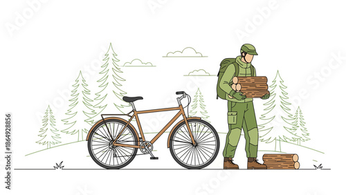 Woodsman Loading Firewood By Bike In Forest Flat Illustration Vector