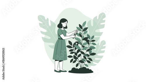 Woman Pruning Plant In A Small Green Garden With Tropical Leaves Background