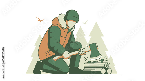 Woodsman Prepares Firewood In Nature With Axe For Winter Season Illustration