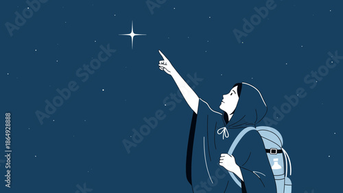 Woman Reaching For A Starry Sky With A Backpack Traveling Outdoors At Night