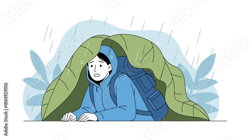 Worried Hiker Sheltering From The Rain Using A Leaf In The Woods Illustration