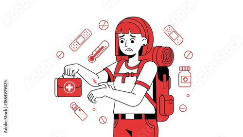 Wounded Hiker Holds First Aid Kit On Her Arm After An Accident Injury