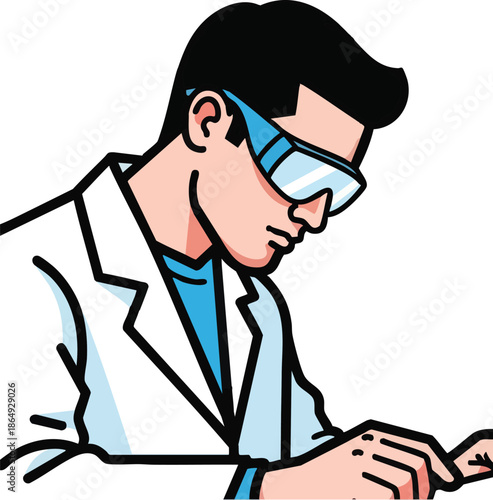 Scientist wearing safety goggles in lab coat.