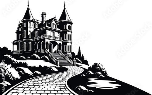 A vintage black and white engraving of a Victorian mansion architecture with turrets and a stone path on a hill landscape for graphic design.
