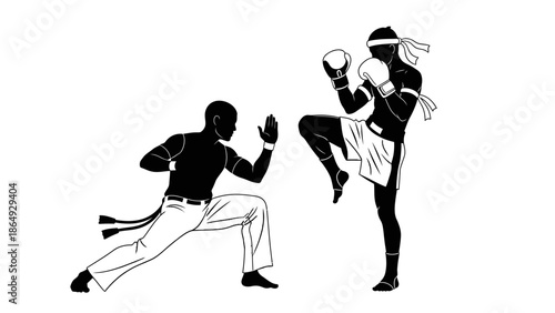muay thai vs capoeira fight, silhouette, flat design, isolated on white.