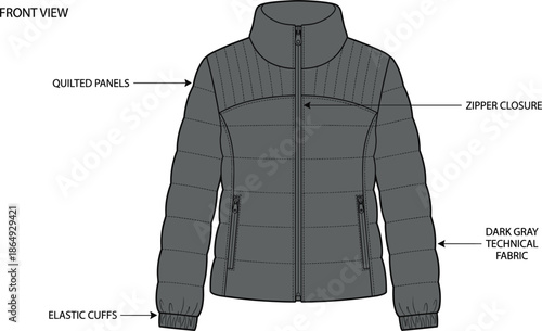 Front view quilted jacket technical flat illustration, dark gray winter outerwear design, zipper closure, elastic cuffs, fashion apparel vector drawing