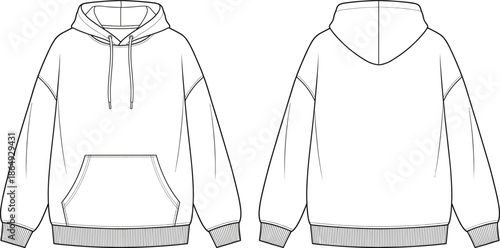 Front and back hoodie technical drawing, blank hooded sweatshirt outline, apparel fashion template, casual streetwear clothing design, vector line art illustration