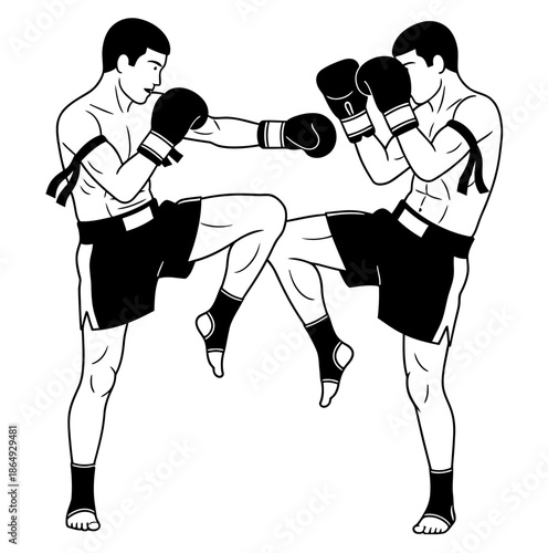 muaythai fight, silhouette, flat design, isolated on white.