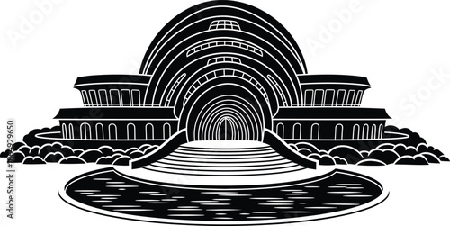 Futuristic architectural monument vector illustration featuring a grand tiered structure with arched layers and a reflection pool in a minimalist style.