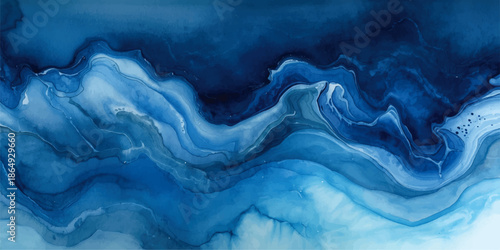 Colorful ink swirl in blue, pink, and orange creating a dynamic.Abstract blue and white flowing waves resembling ocean currents or mountainous landscape.
