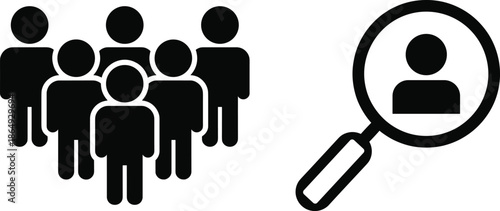 Group of people icons with magnifying glass, user search concept, human resources recruitment, target audience analysis, customer selection, business team identification illustration