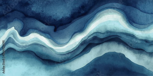 Colorful ink swirl in blue, pink, and orange creating a dynamic.Abstract blue and white flowing waves resembling ocean currents or mountainous landscape.