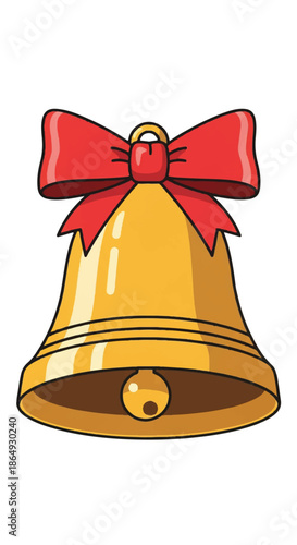 Golden Christmas Bell with Red Ribbon: Festive Decorative Clipart Illustration.
