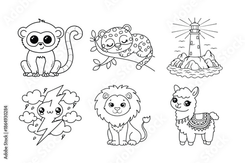 Cute Animal Collection Featuring Lion, Monkey, Leopard, Alpaca, Lighthouse, And Storm